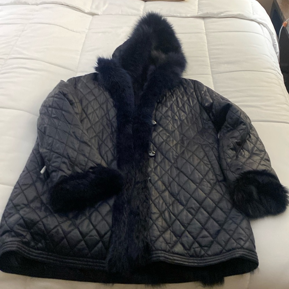 Jacket- real Fox and fabric jacket . With detachable hood.  REVERSIBLE
